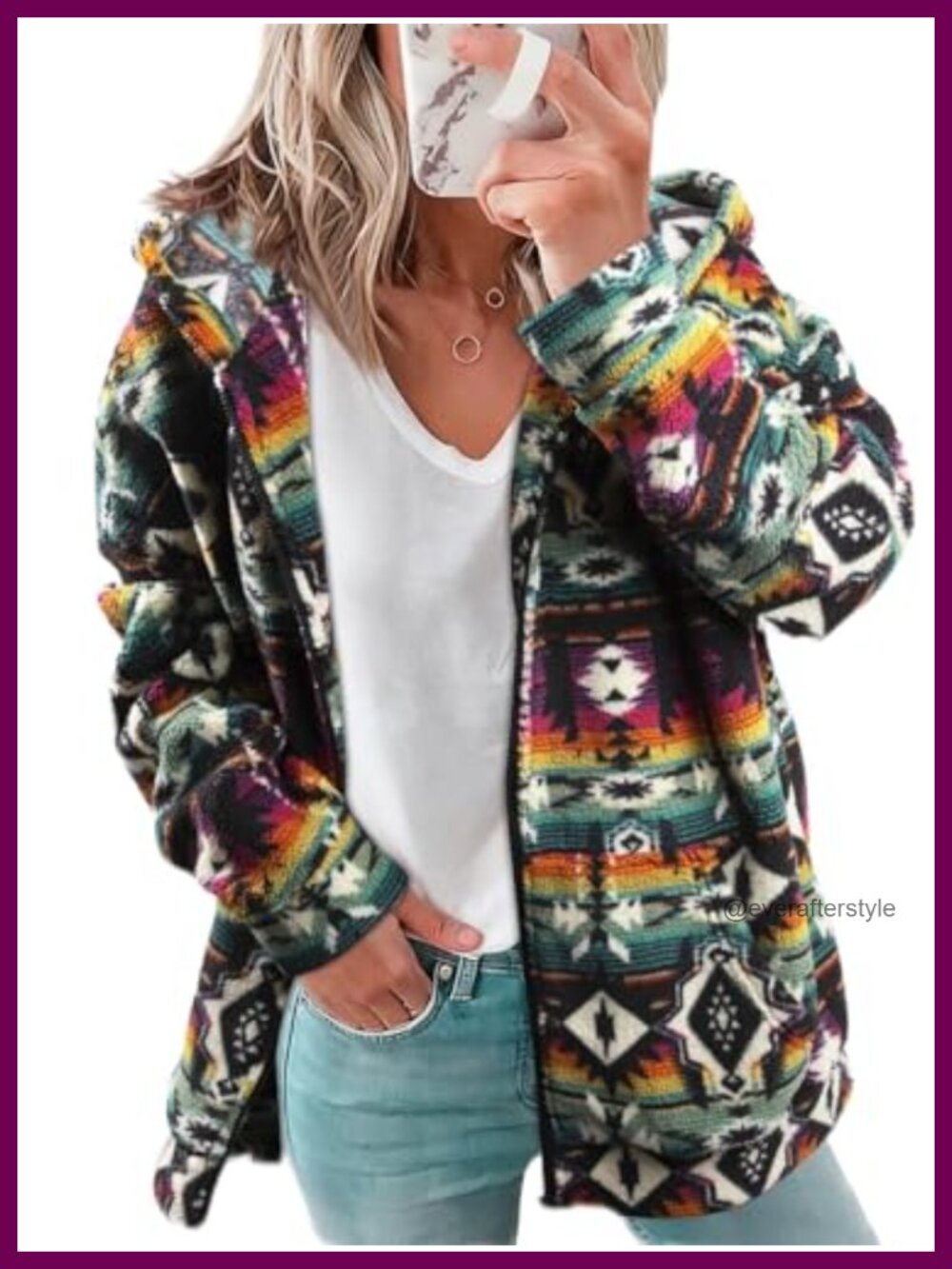 Womens Aztec Print Zip Up Hoodie Sherpa Fleece Sweatshirt